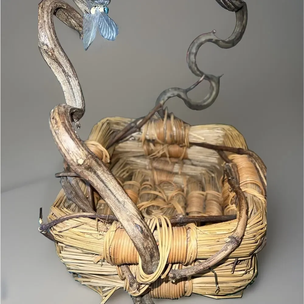 Artisan Vtg Rustic Handwoven Basket Vine Handle Dragonfly Woodland Whimsical